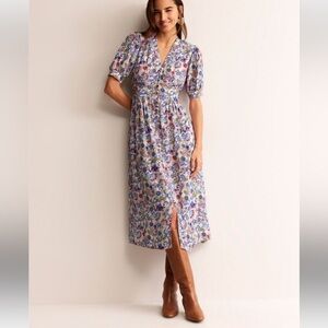 BODEN Elsa Midi Tea Dress Floral Colorful Short Sleeve Sz US 16/18 Vneck pockets